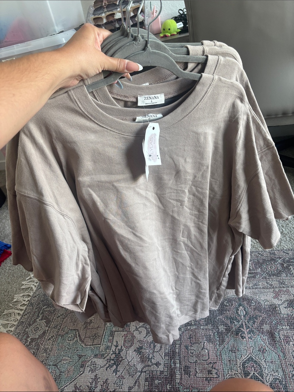 Zenana Drop-sleeve Relaxed Taupe Women's Top 100% COTTON - Picture 2 of 3